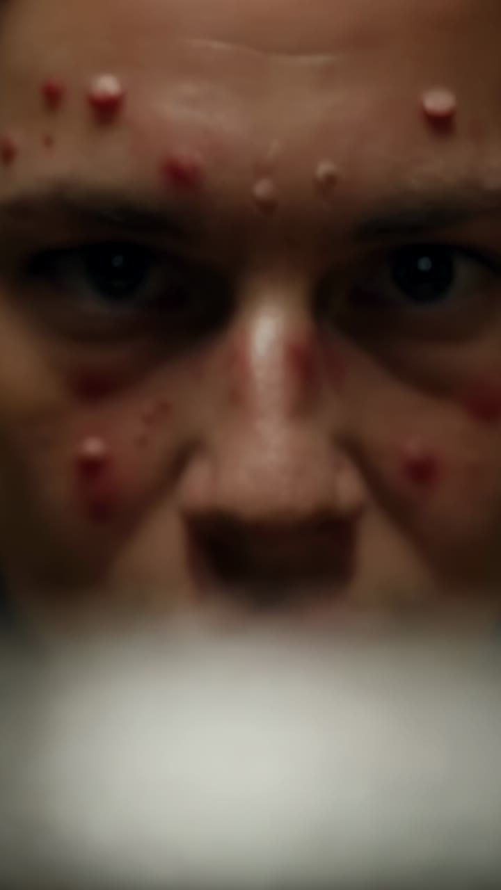 Video verticale: macchina fotografica con messa a fuoco, adolescente maschio che mantiene il contatto visivo mentre parla in uno studio buio, con acne