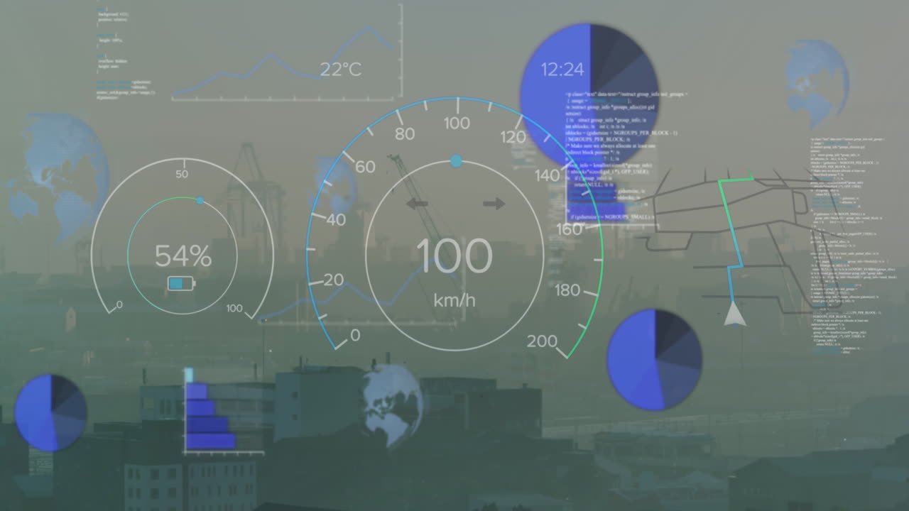 animación de la interfaz del automóvil con el velocímetro y procesamiento de datos en comparación con la vista aérea del paisaje urbano.