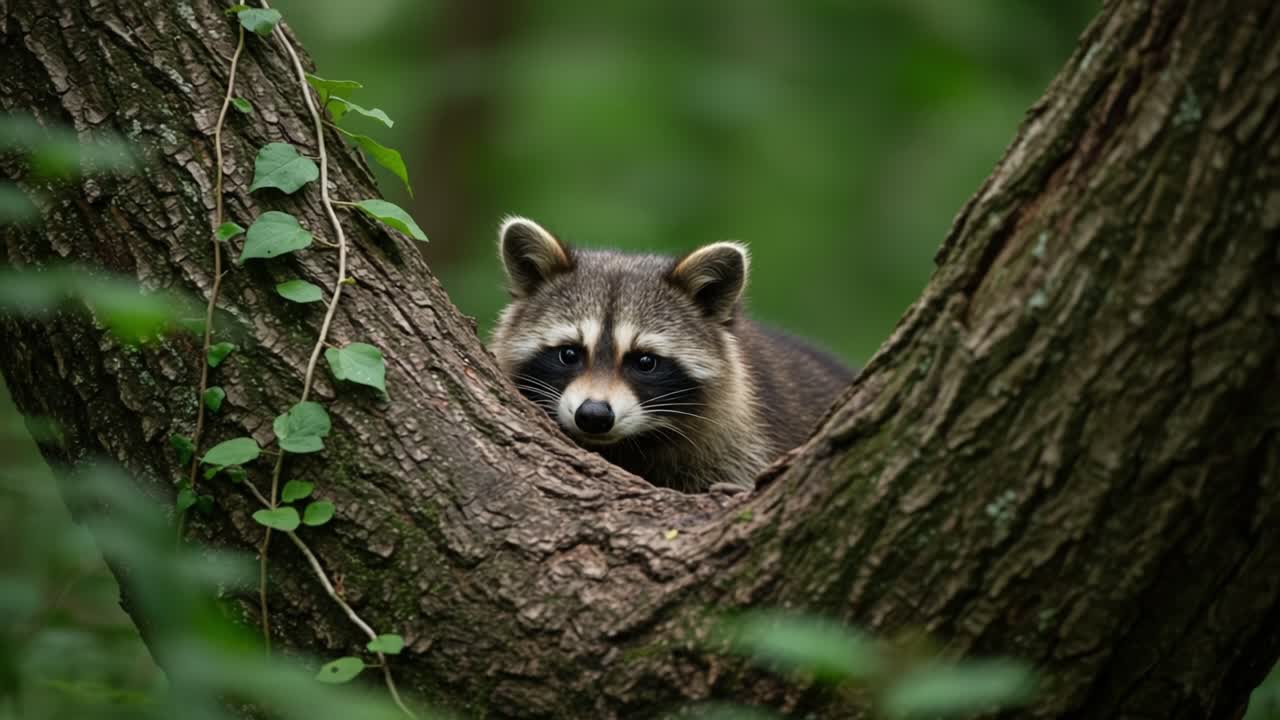 A Raccoon Peeking from a Tree Trunk