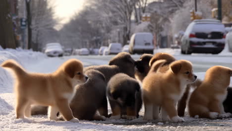 adorable puppies playing in the snow