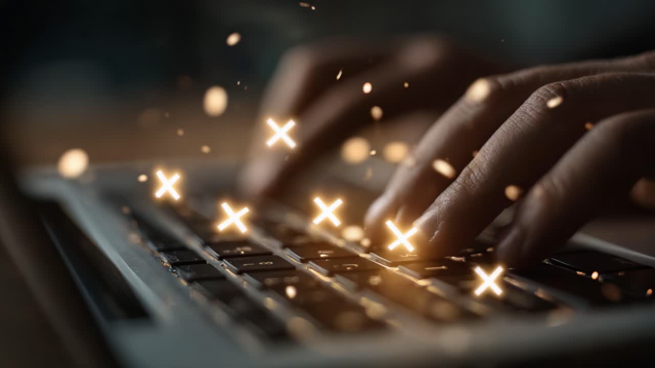 Exploring the Art of Digital Creation: Captivating Close-up of Hands Typing on a Laptop with Glimmering Particles Illuminating the Scene