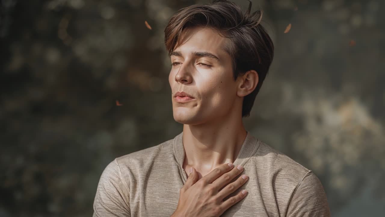 Uomo che si porta la mano destra al petto nei boschi, sentendo la brezza, con una camicia color cachi che riflette le foglie che cadono.