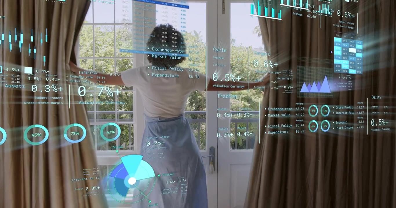 Facing hologram finance charts, woman drawing curtains, stepping onto balcony viewing trees