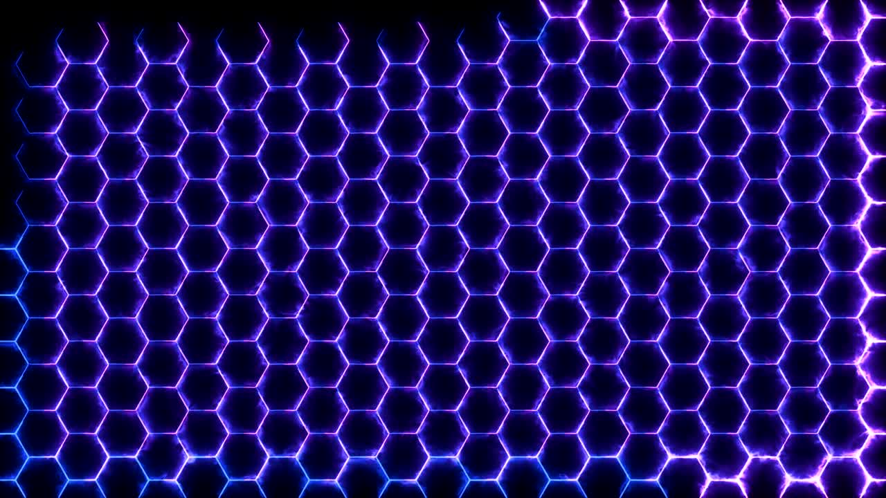 Abstract background, texture of glowing honeycombs or cells with the appearance animation on a black background