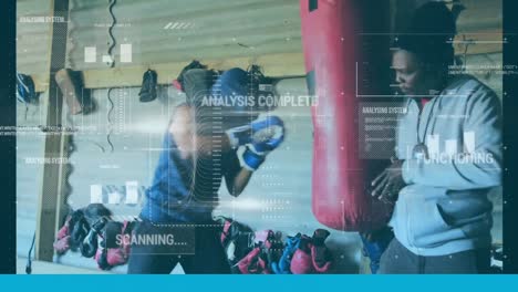 interfaz digital con procesamiento de datos contra el entrenamiento del boxeador masculino