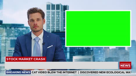 newsroom tv studio live news program: caucasian male presenter reporting, green screen chroma key screen picture. television cable channel anchor talks, listens. network broadcast mock-up playback