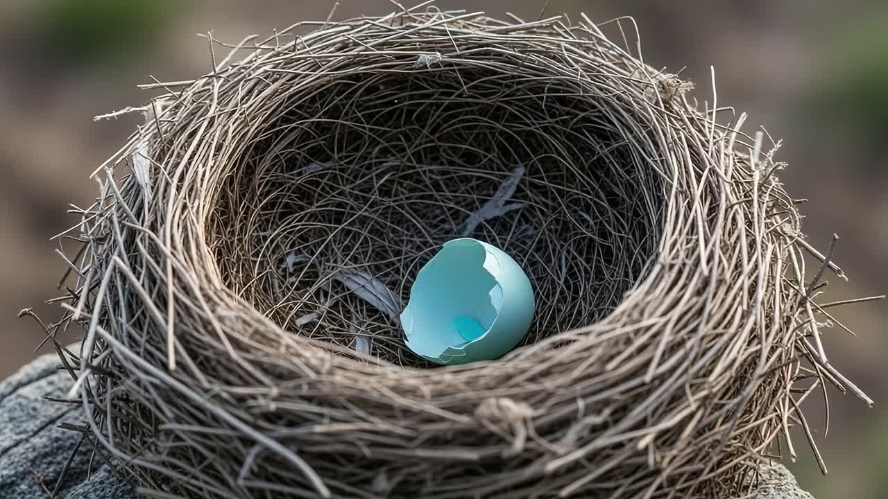 A Captivating View of an Abandoned Nest with a Broken Eggshell, Symbolizing New Beginnings and the Fragility of Life in the Natural World