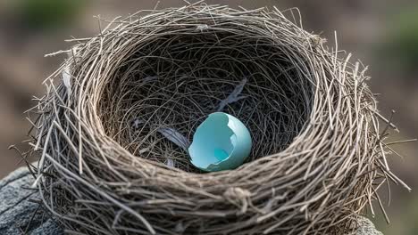 a captivating view of an abandoned nest with a broken eggshell, symbolizing new beginnings and the fragility of life in the natural world