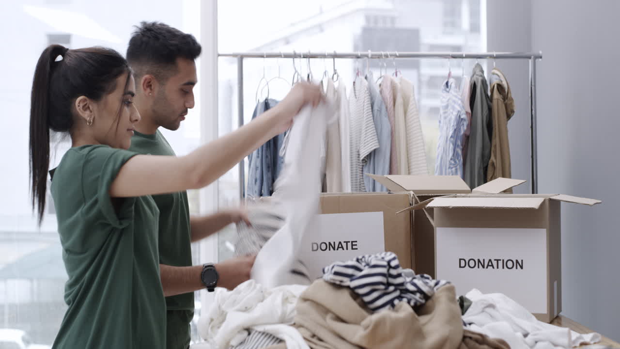 두 사람이 녹색 티셔츠를 입고 접고 있습니다.