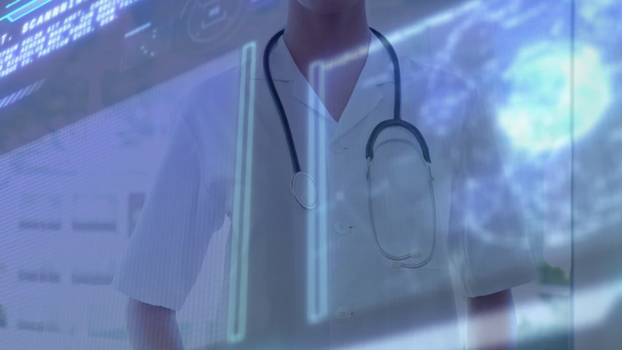 Analyzing digital medical data, doctor with stethoscope reviewing graphs in hospital
