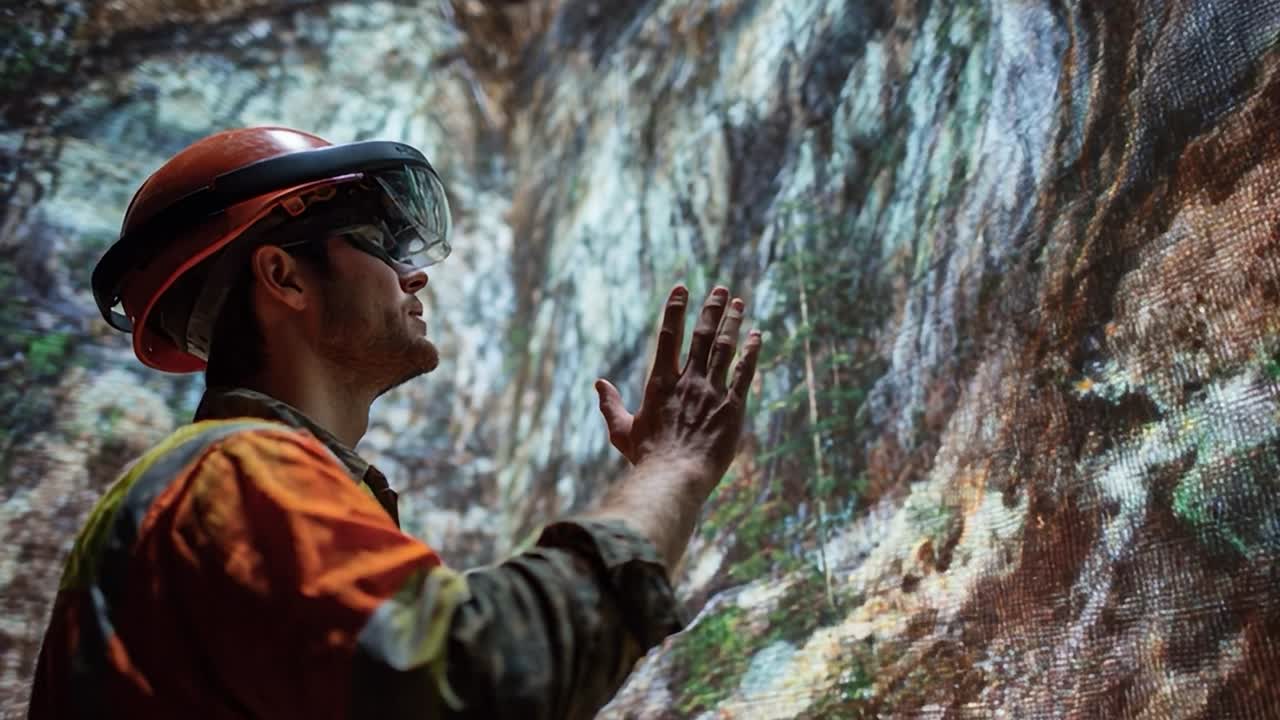 Mine worker examining digital cave visualization in a training session