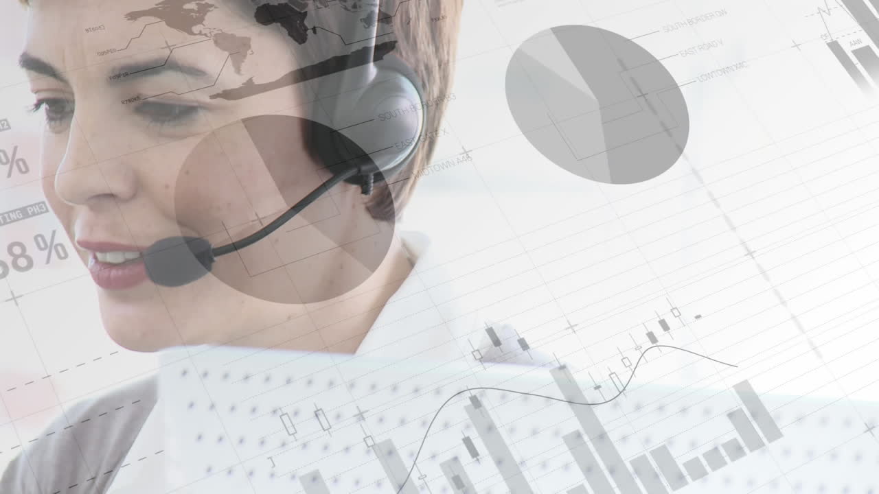 animación de estadísticas sobre mujeres de negocios que usan auriculares telefónicos