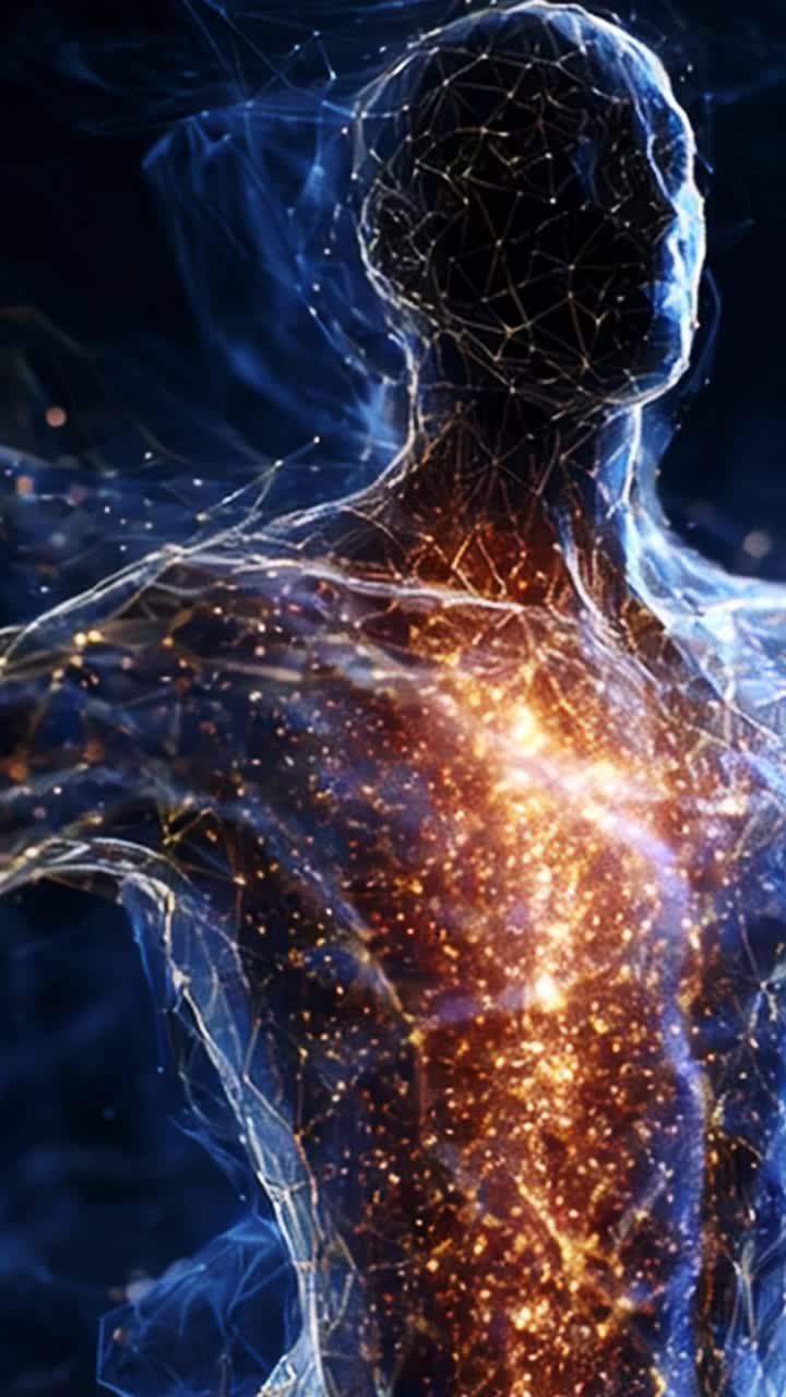 A dazzling digital representation of a humanoid figure radiating vibrant energy, showcasing intricate patterns and glowing connections within its form