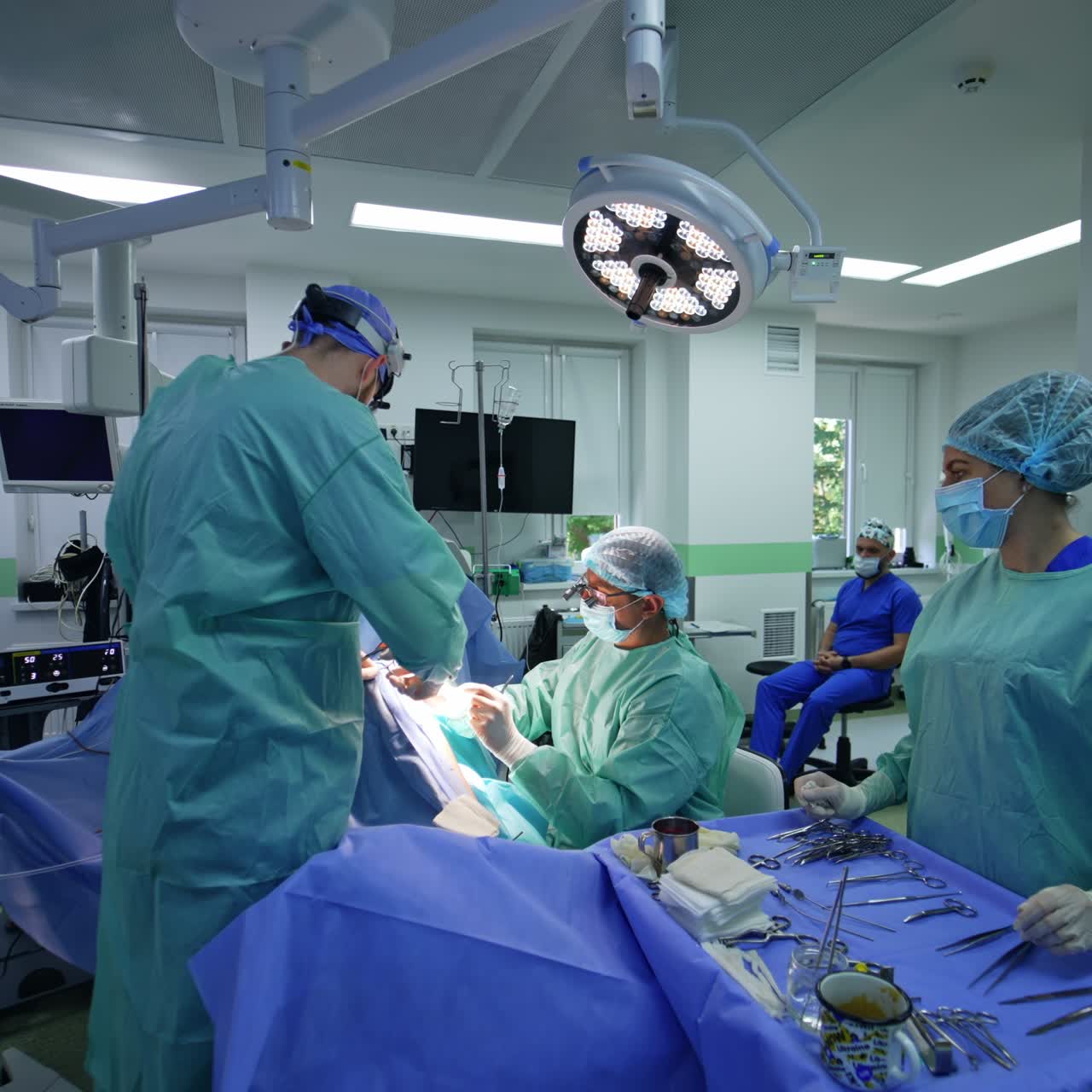 Main surgeon sits at the patient and assisting doctor stands beside. Female nurse arranging instruments at the tool table