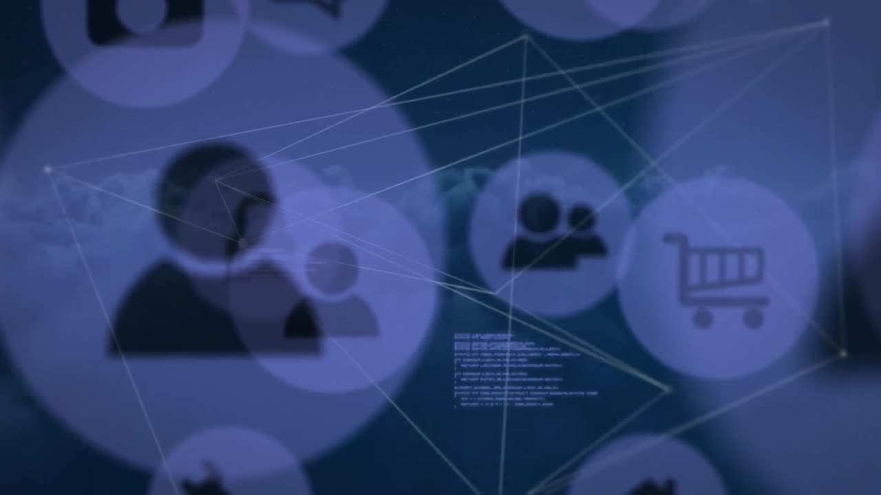Animation of digital icons and data processing over network of connections against dark clouds