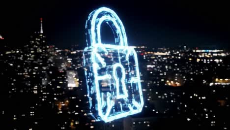 digital lock in a cityscape at night