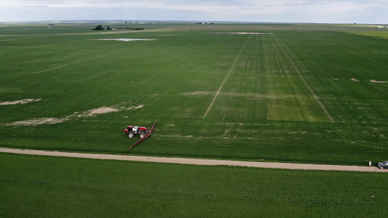 캐나다 서스캐처원의 시골에 있는 녹색 밀밭에 살충제를 살포하는 농업용 트랙터 - 공중 드론