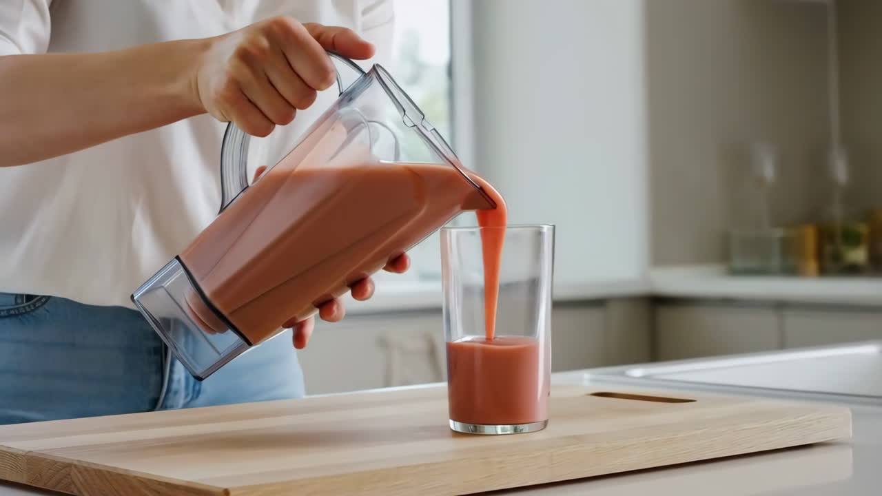 Persona che versa un frullato salutare da un frullatore in un bicchiere in cucina