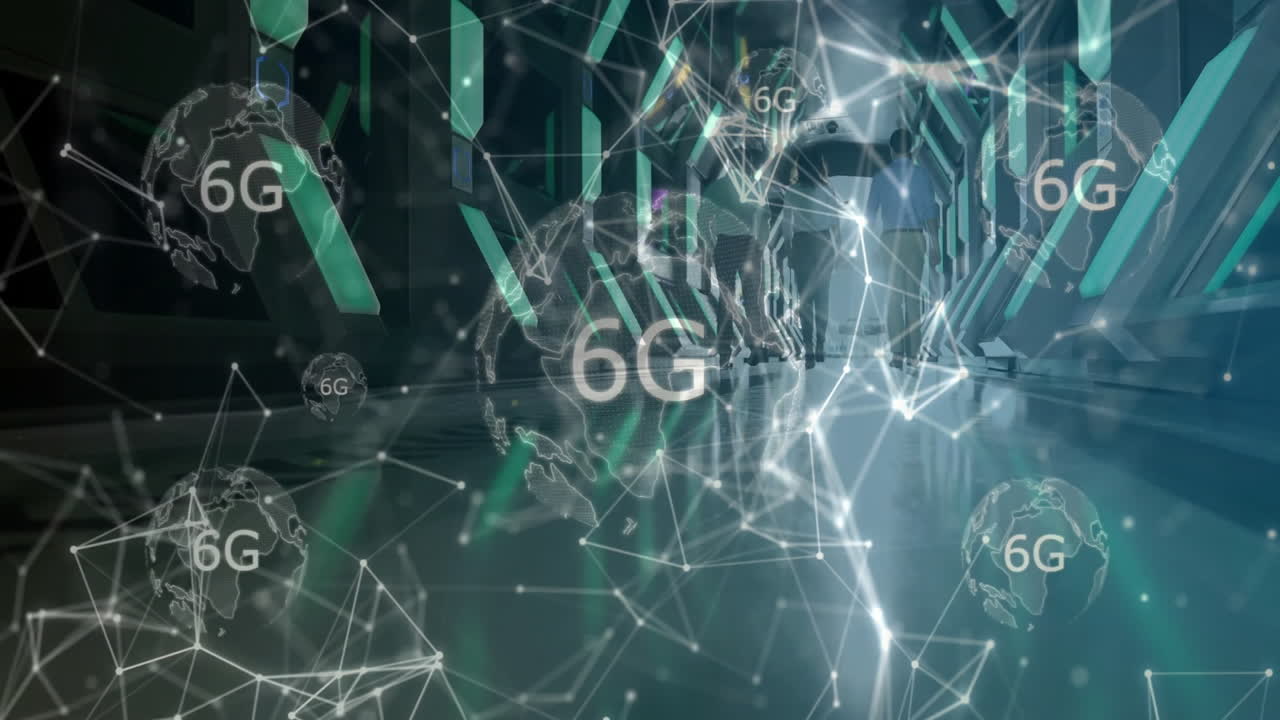 Business team walking through futuristic corridor, showcasing holographic 6G network graphs