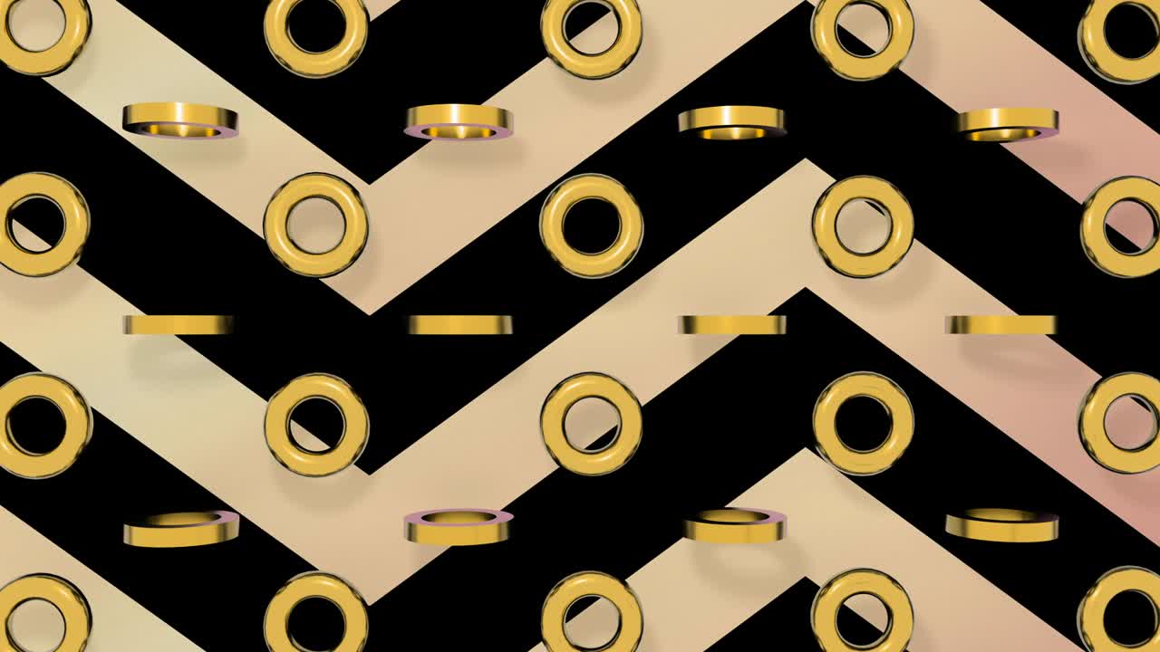 círculos metálicos dorados girando en líneas de oro rosa de fondo. animación de bucle sin costuras 4k 3d.