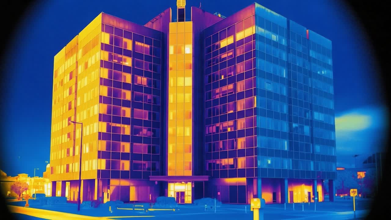 Illuminated Office Building at Night: A Striking Contrast of Thermal and Standard Imagery Showcasing Modern Architecture and Urban Environment