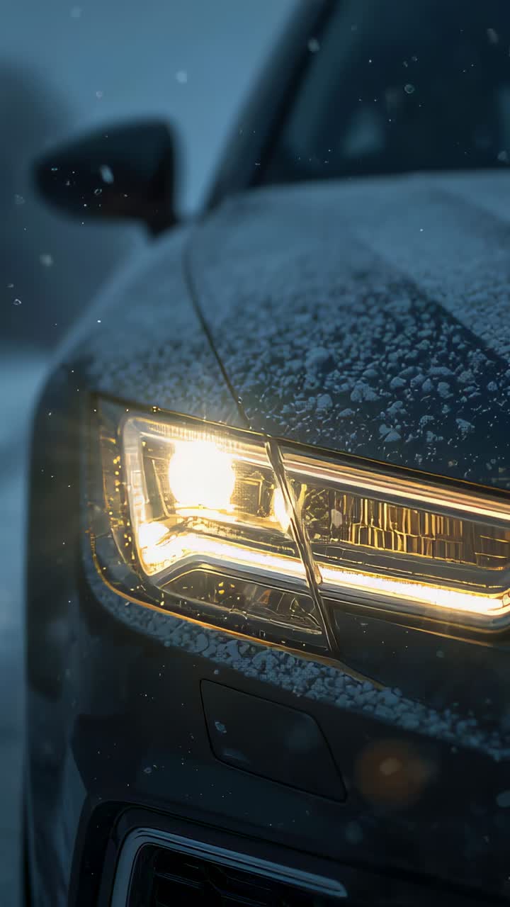 Vertical video: Showing left front sedan with headlamp turning on at roadside for safety, snowing