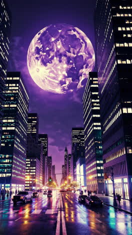 night city with a giant purple moon
