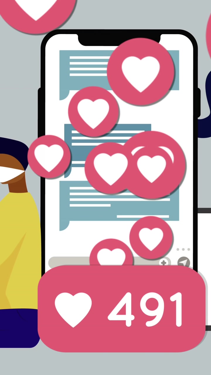 Heart icons floating with increasing numbers against man and woman icons using smartphones