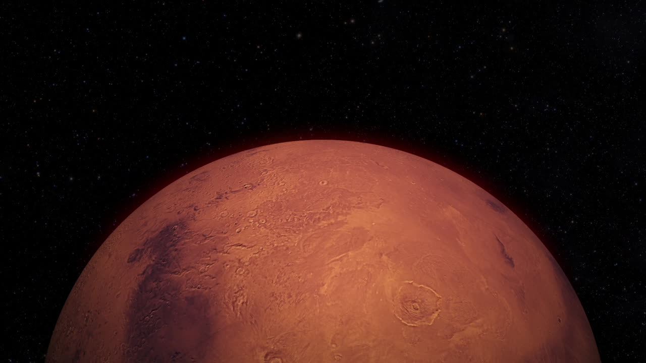 CGI composite: flying over planet Mars, half lit with a starry background