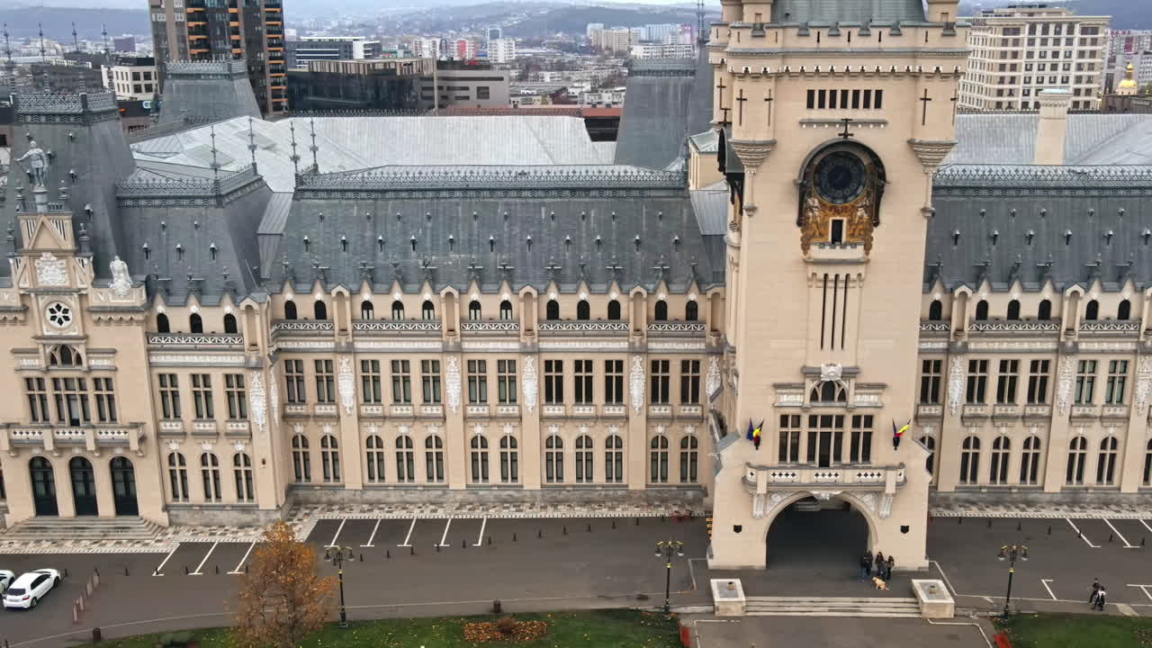 Aerial drone view of the Cetatuia Monastery in Iasi, Romania. Main church, inner court and buildings, city on the background