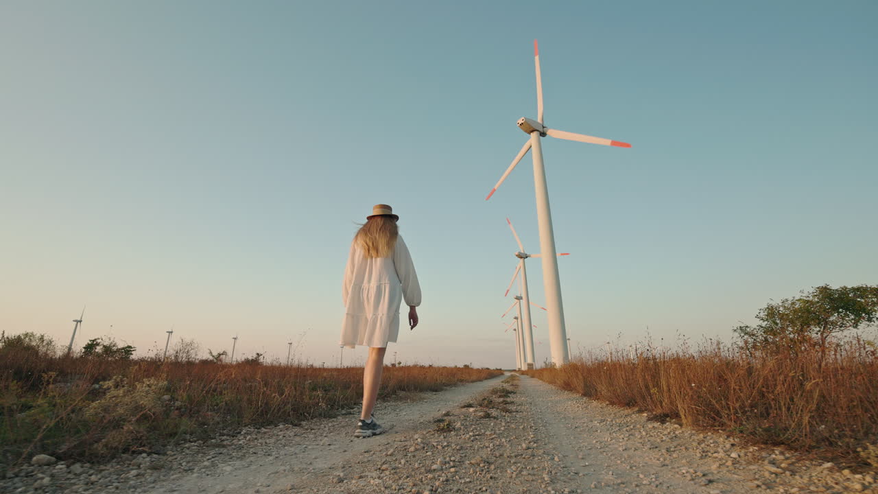 Woman Walking on Path by Wind Turbines
