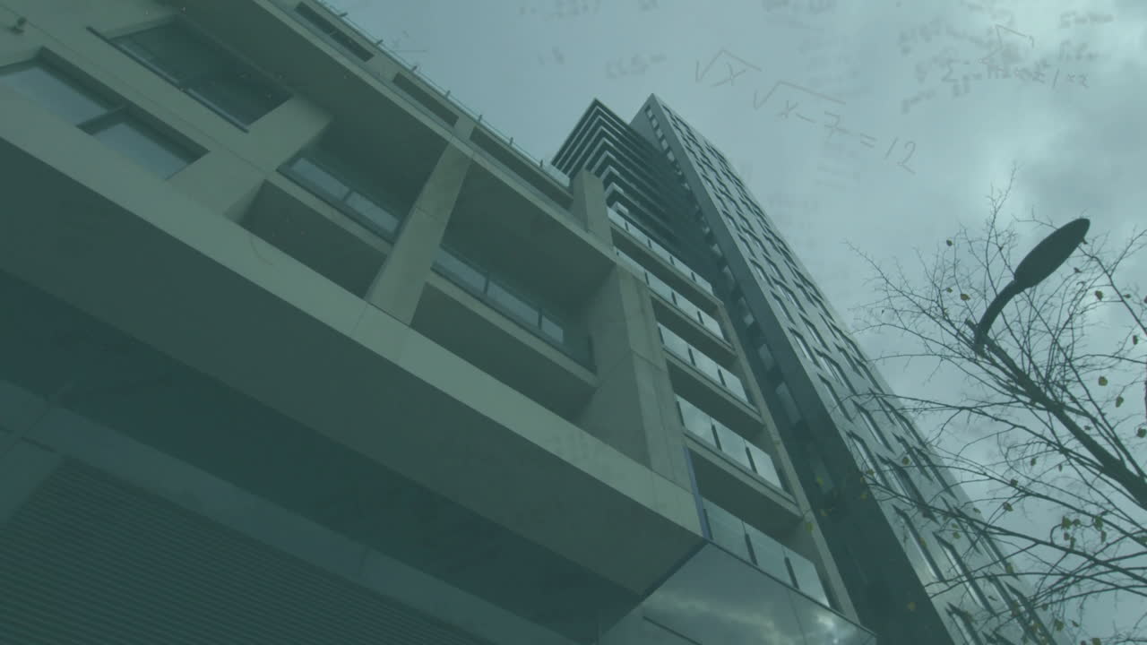 Mathematical equations overlaying sky, modern high-rise building in animation style