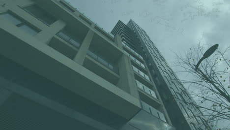 mathematical equations overlaying sky, modern high-rise building in animation style