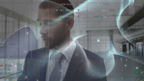 animation of financial data processing over businessman walking