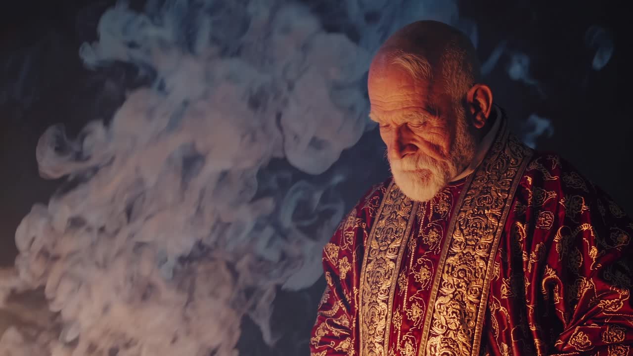 Aged clergy member wearing elaborate liturgical vestments standing near smoldering sacred fire, shadows casting dramatic silhouette in dimly lit spiritual environment