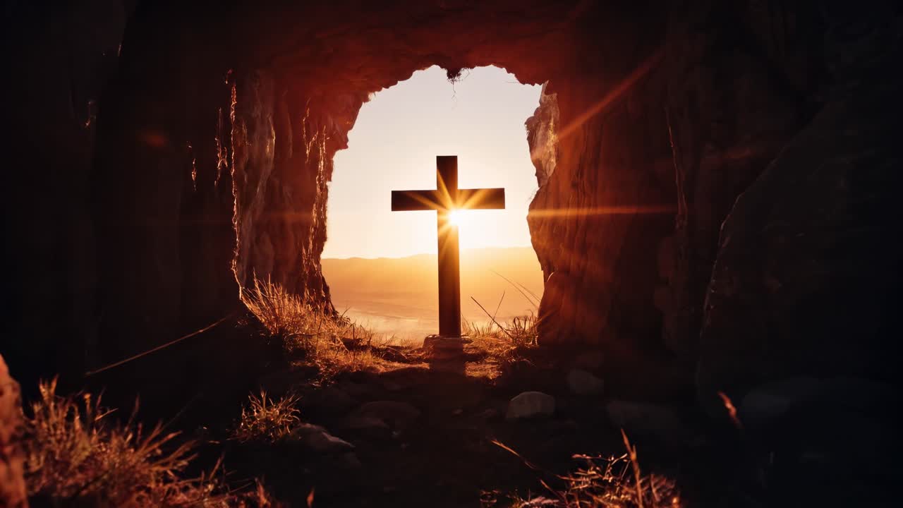A serene scene of a cross silhouetted against a sunrise, symbolizing hope and renewal