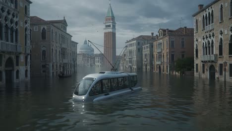 a futuristic water transportation system navigates through a flooded cityscape, showcasing a blend of modern design and historical architecture amidst rising waters
