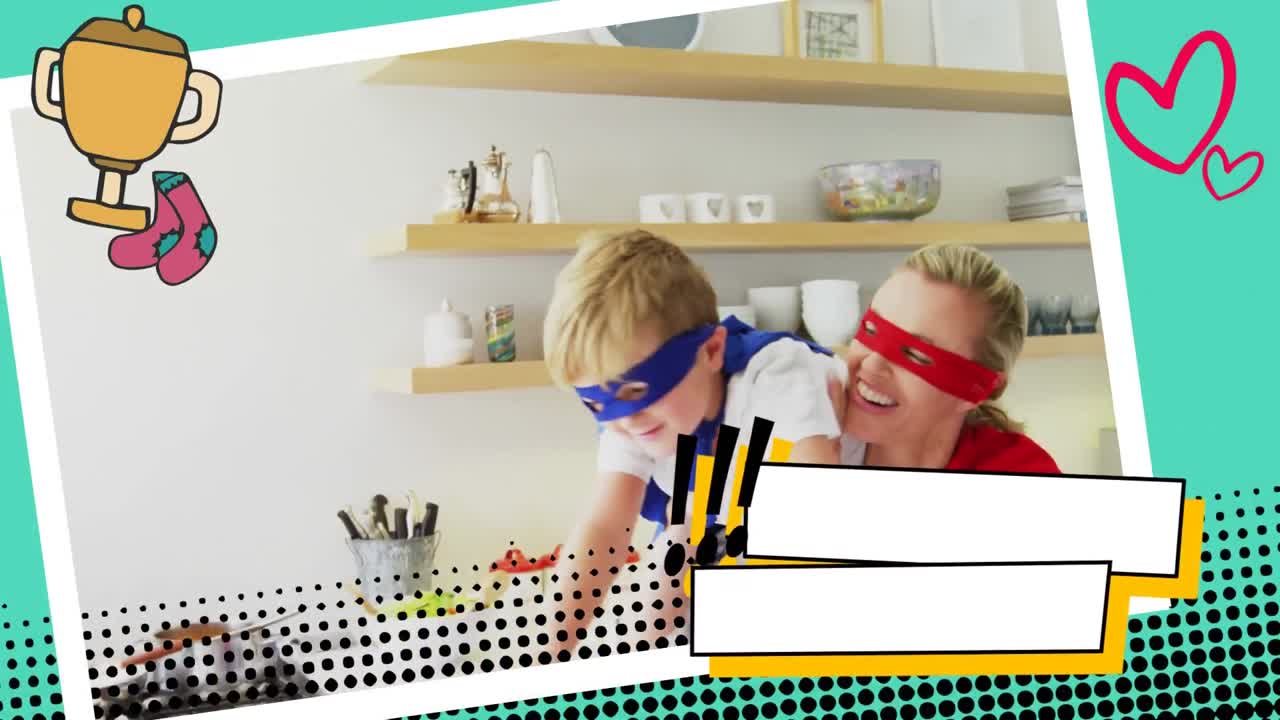 슈퍼히어로 의상을 입고 아들을 안고 있는 어머니