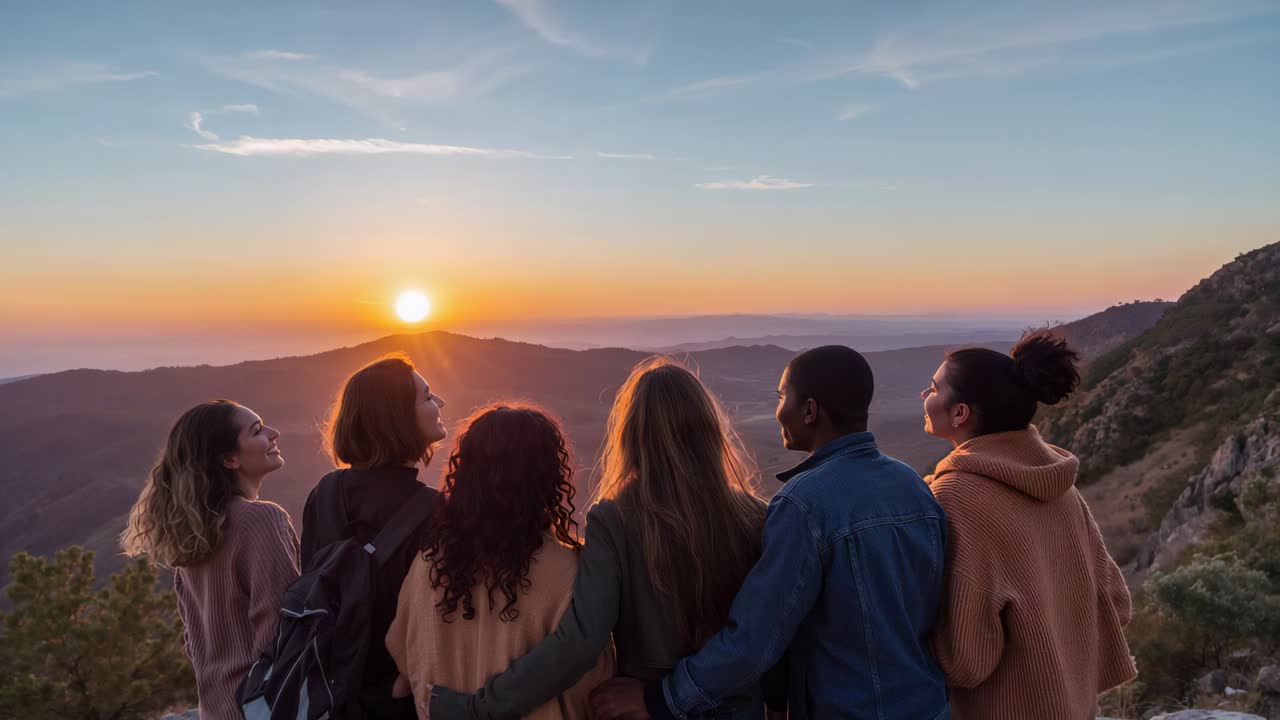 Watching sun lowering, six friends linking arms and facing sunset at ridge, jackets and backpack