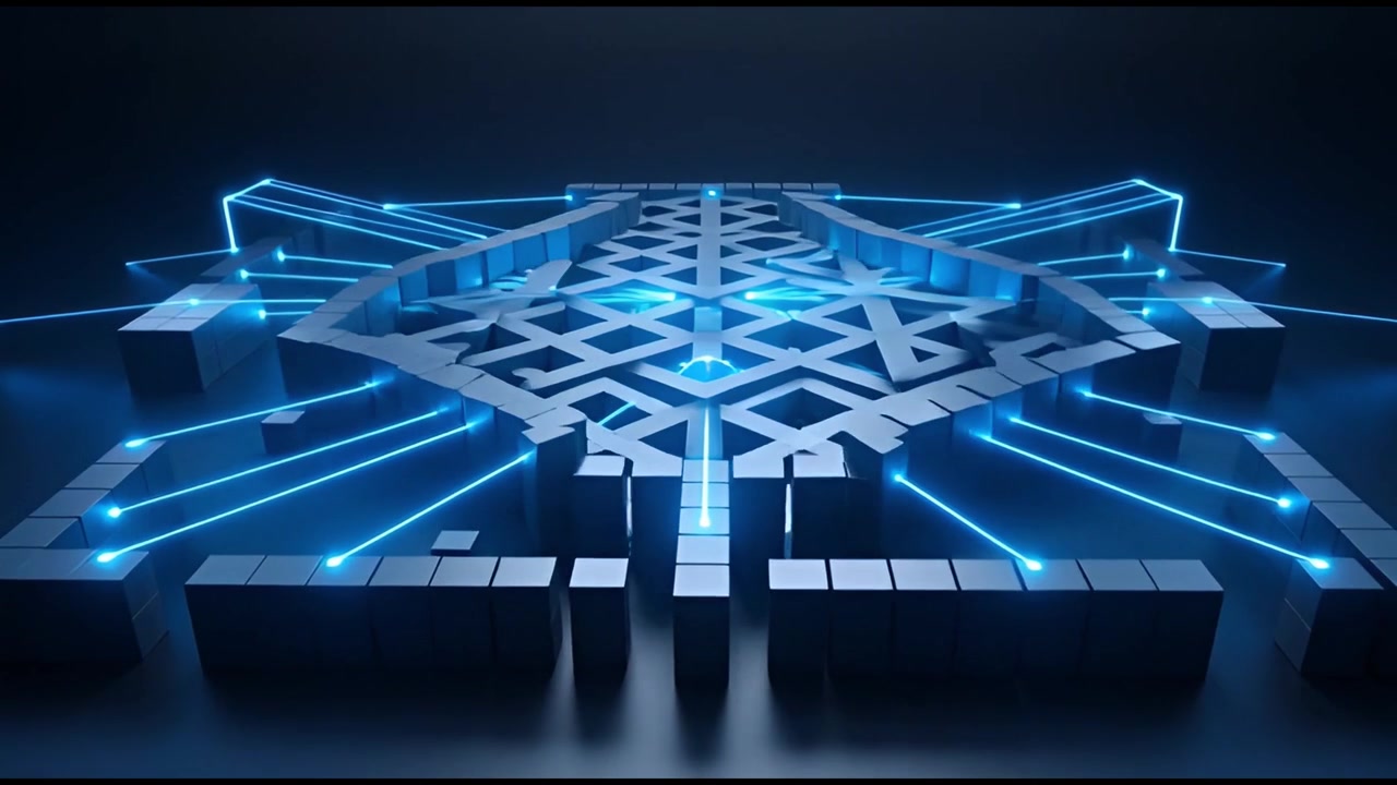 Abstract 3D Animation of Glowing Blue Data Network Connecting Geometric Cubes