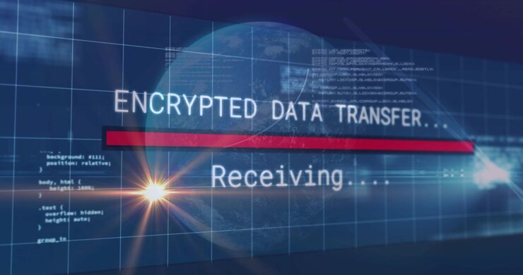 Digital grænseflade, der viser krypteret dataoverførsel over jordkloden