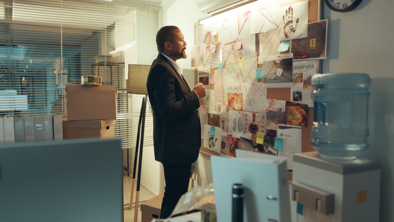 Detective working on a crime investigation in his office