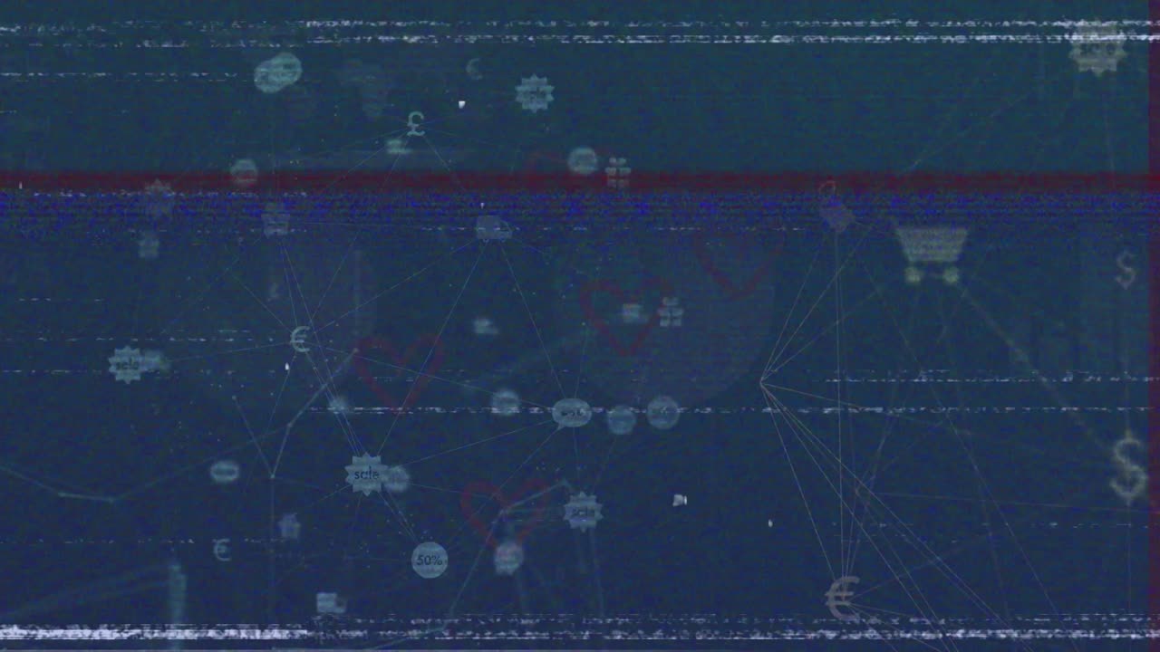 Animation von Verbindungen, Glitch und Icons auf dunkelblauem Raum