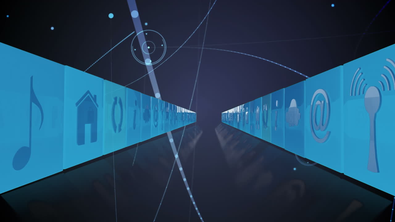 블루 배경에 있는 미디어 아이콘과 연결 네트워크의 애니메이션