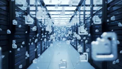 a vast data center houses numerous servers. digital icons represent the flow of data throughout the intricate network, showcasing technology in action.