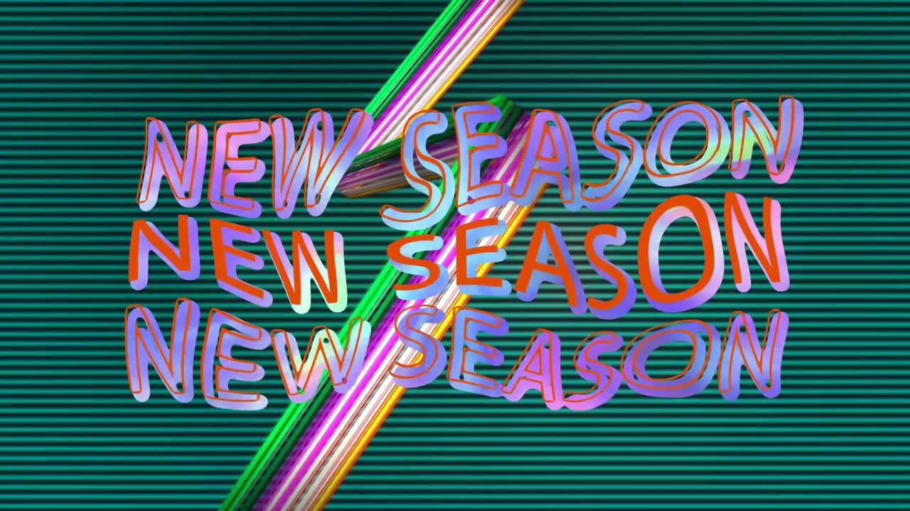 검은색과 초록색 선 위에 줄무 ⁇  플래시가 있는 다채로운 텍스트를 구부리는 새로운 시즌의 애니메이션