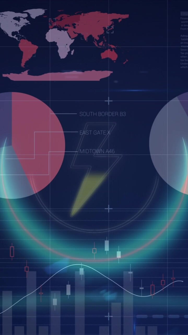 Animazione di una forma rotonda al neon su un simbolo di fulmine su elaborazione di dati statistici