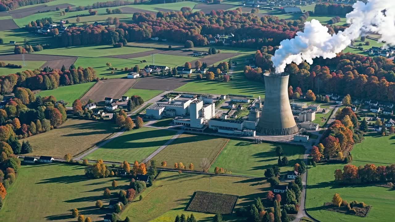 Aerial view of a power plant with smoke billowing from a cooling tower, surrounded by fields
