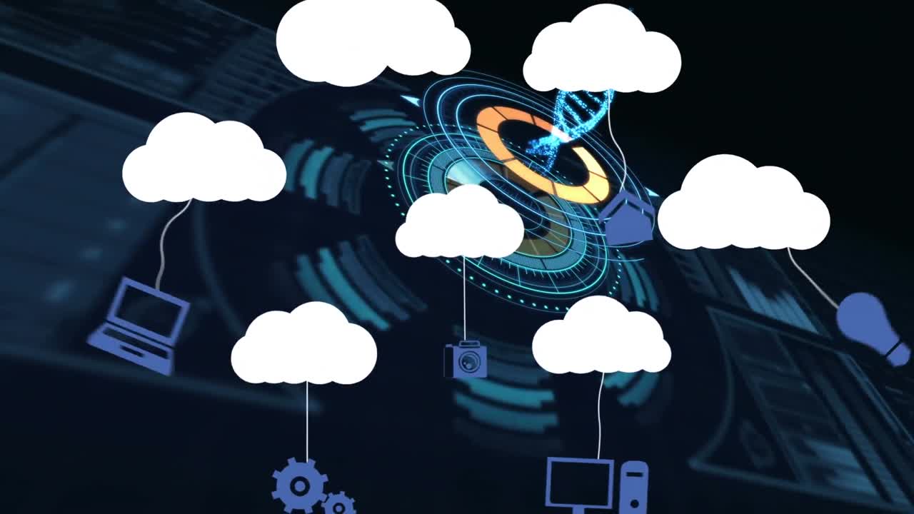 Animation of clouds with icons over scope scanning and dna strand