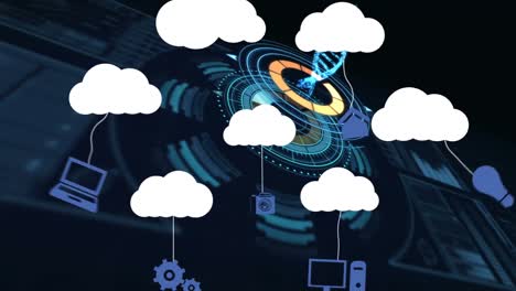 Animation-Von-Wolken-Mit-Symbolen-über-Scope-Scanning-Und-DNA-Strang